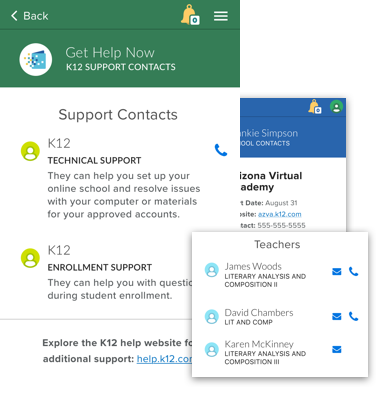 screenshots of the Get Help Now section of the K12 App