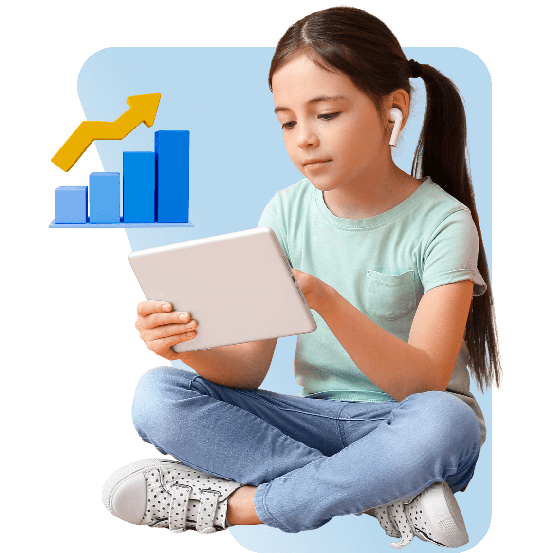 Programas de escuela de verano en línea en Virginia Occidental imagen 1 (nombre PRIMERA IMAGEN 1 Young Girl Tablet Airpods BarGraph)