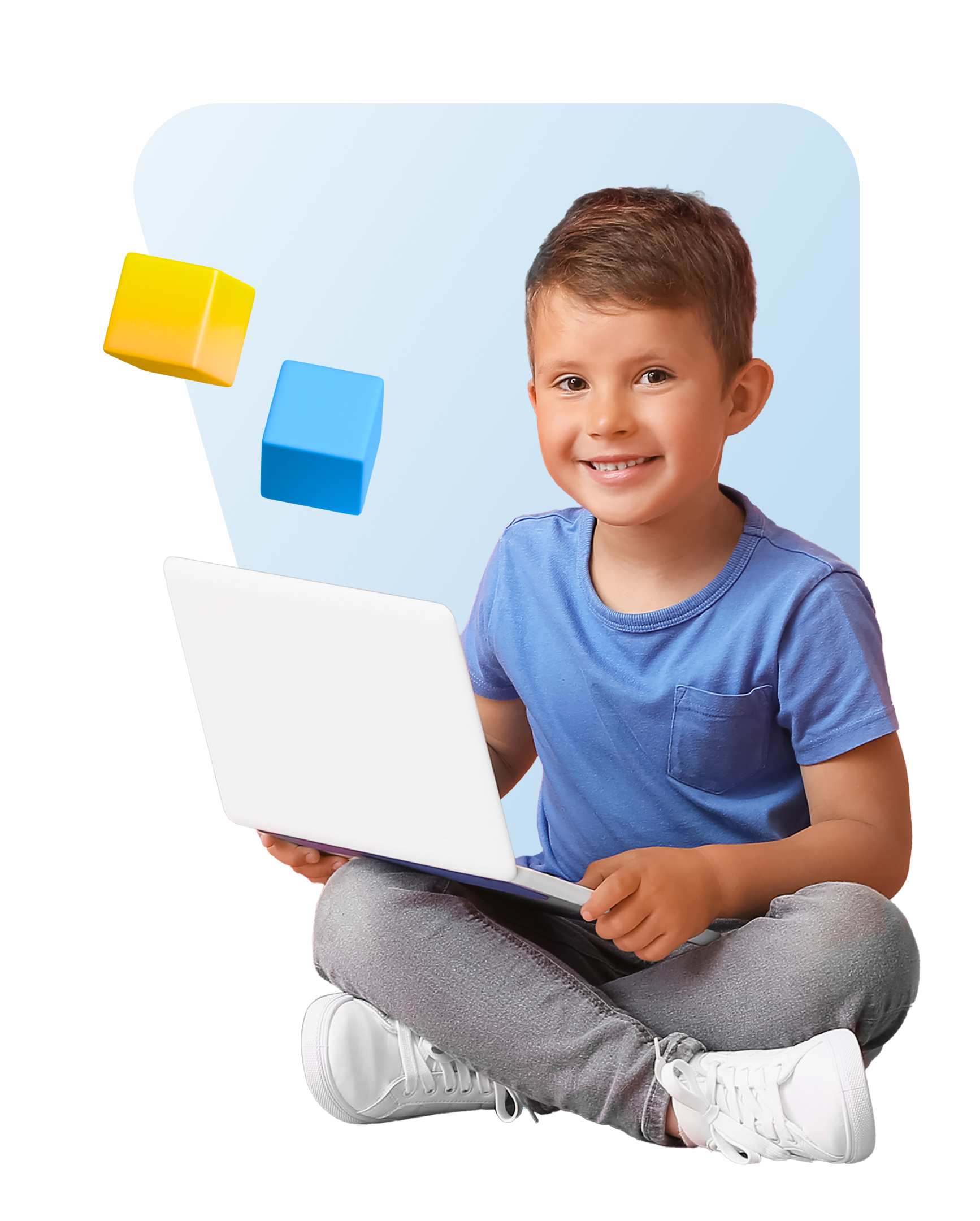 Niño con computadora portátil y bloques de construcción
