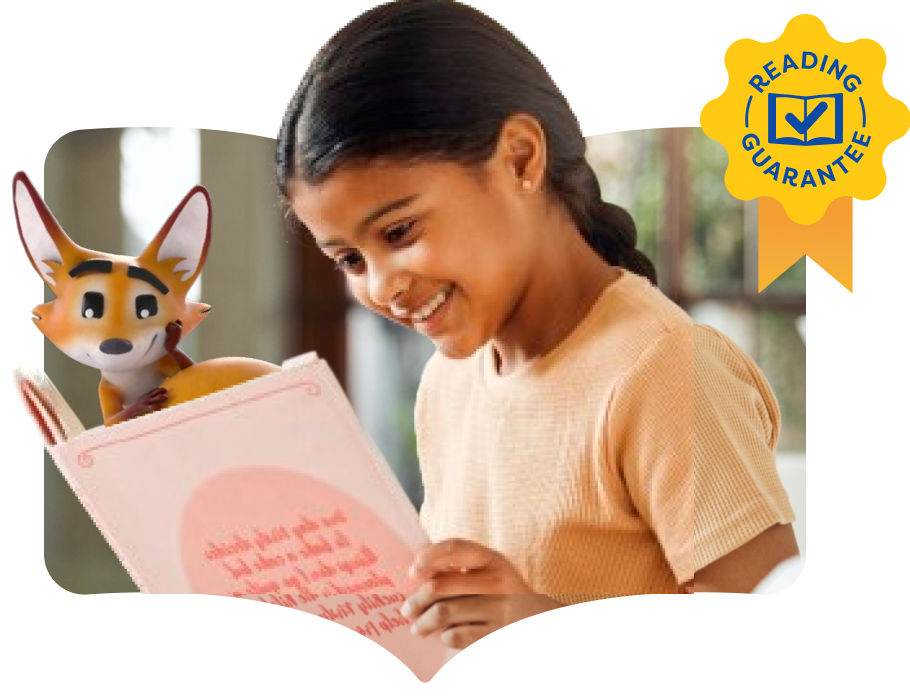 a girl reading a book with a toy fox