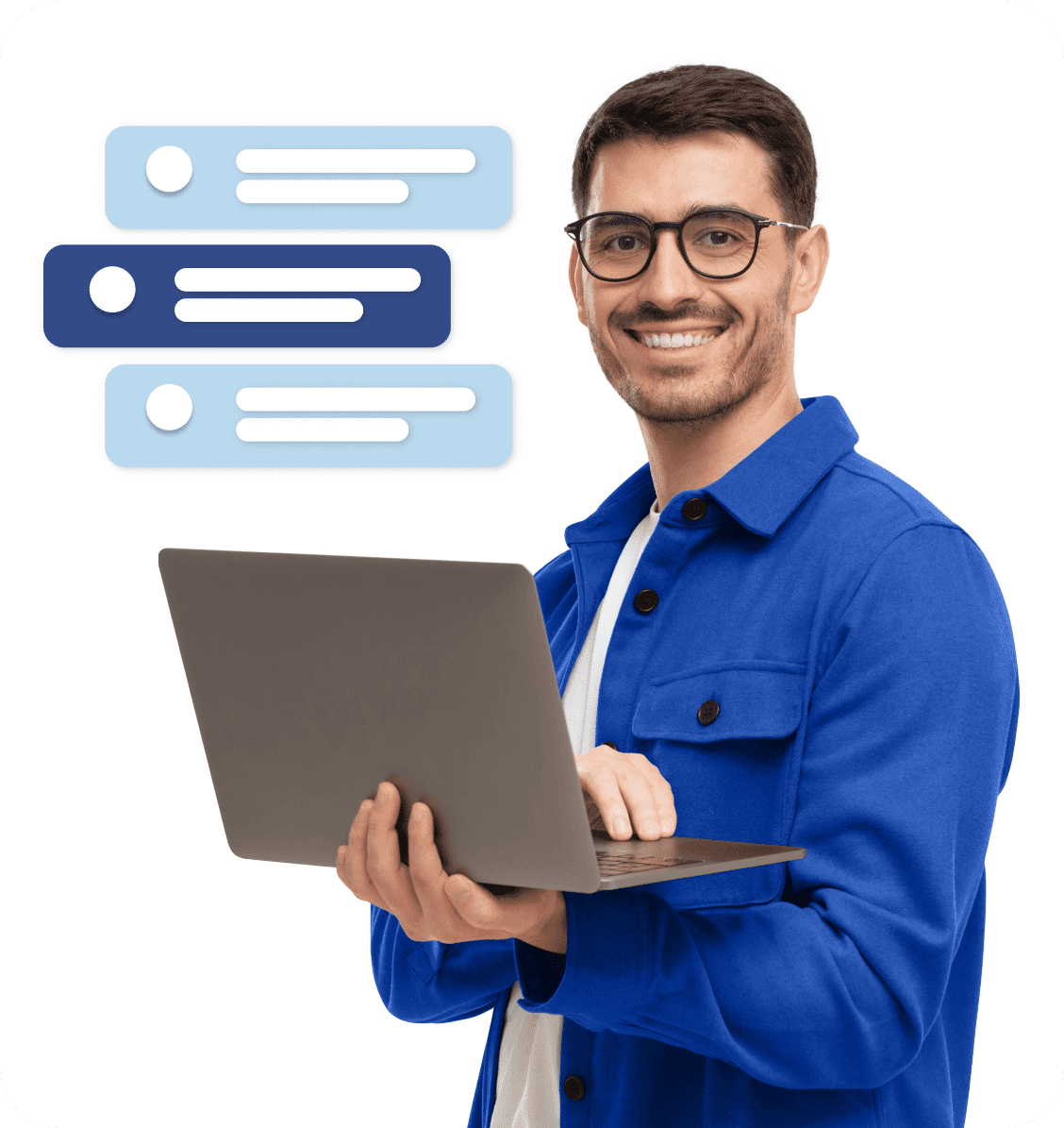 Un hombre trabajando en una computadora portátil rodeado de varios íconos de las redes sociales, que ilustran la conectividad digital y el compromiso.