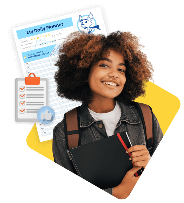 Una niña con cabello afro sostiene una carpeta y un cuaderno, mostrando su preparación para estudiar o trabajar.