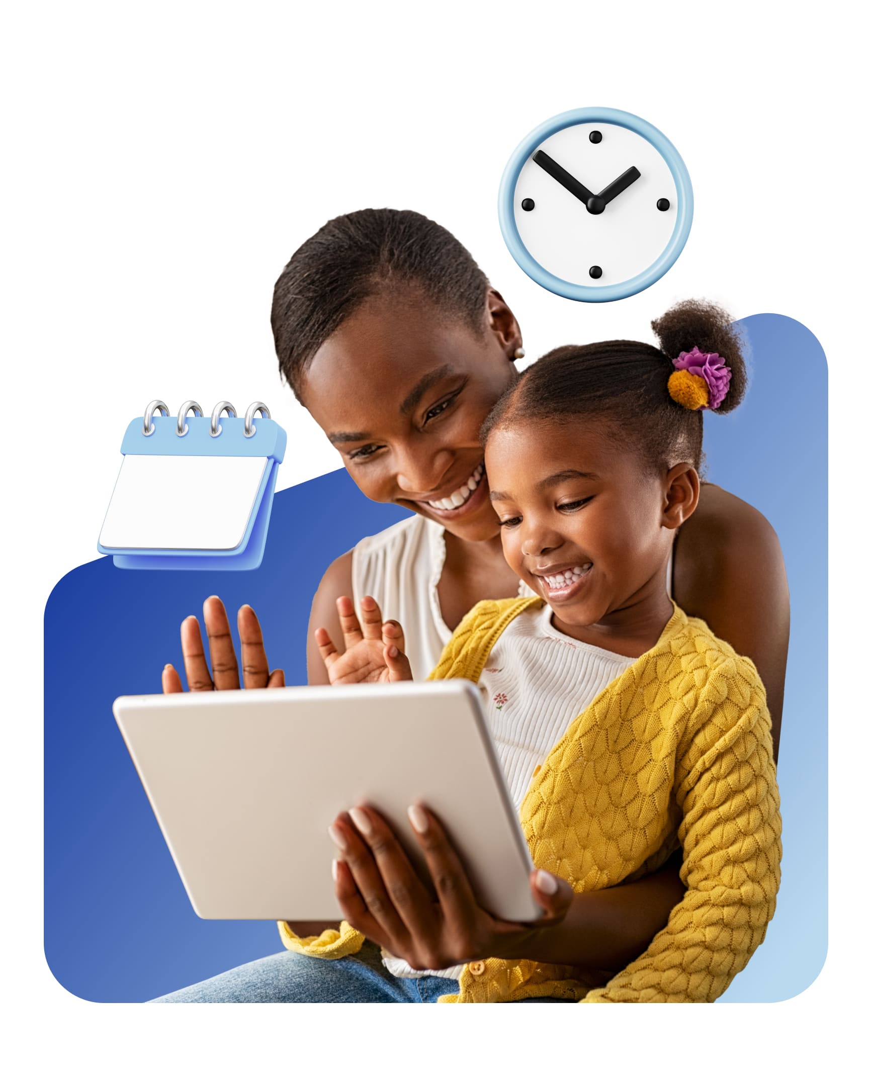 Una mujer y un niño comprometidos con una tableta, con un reloj visible en el fondo, indicando un momento de aprendizaje juntos.