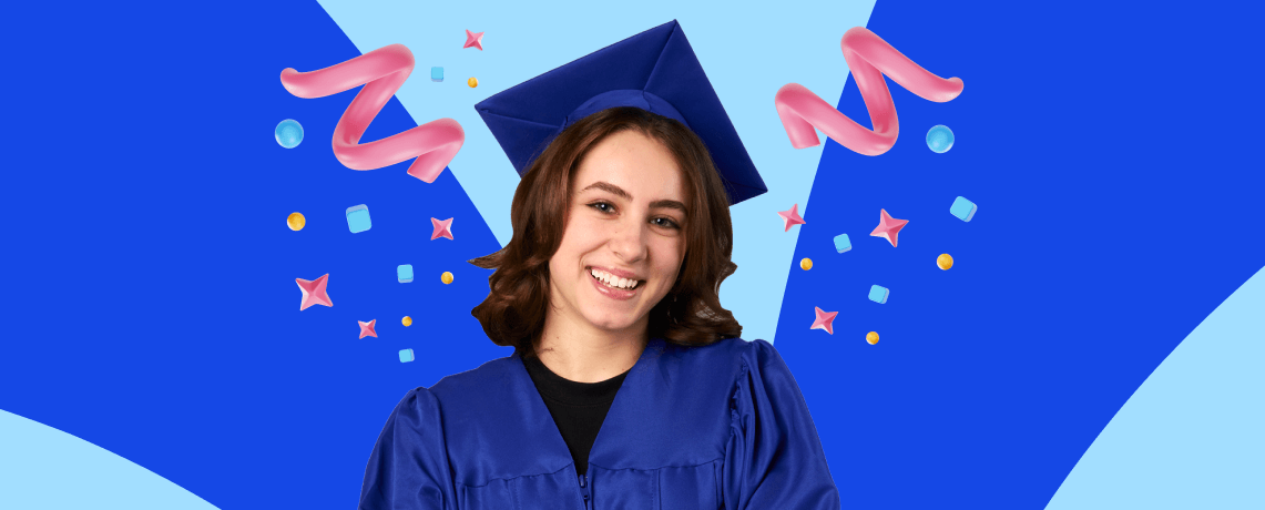 A smiling graduate in a blue cap and gown against a bright blue background with festive elements like pink ribbons and stars, conveying celebration.