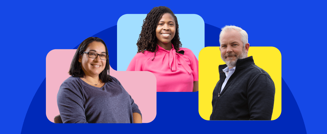 Three people smiling against colored backgrounds; a woman in blue on pink, a woman in pink on blue, and a man in black on yellow. The tone is positive and welcoming.