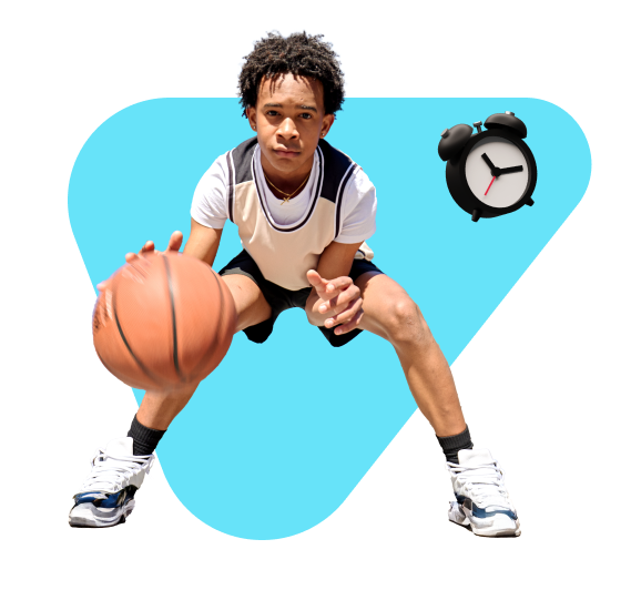 A young basketball player, focused and determined, dribbles a ball on a blue triangle background. An alarm clock is depicted to his right.