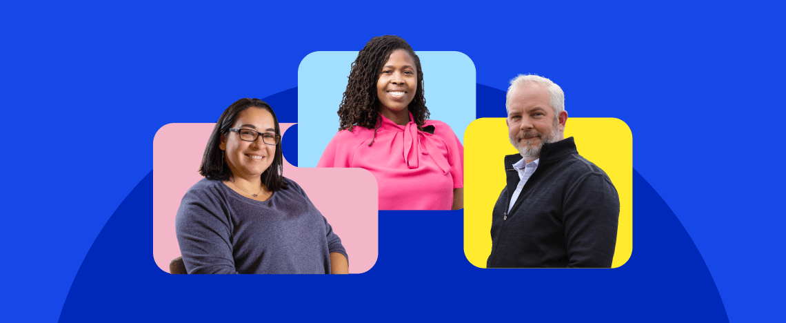 Three people smiling against colored backgrounds; a woman in blue on pink, a woman in pink on blue, and a man in black on yellow. The tone is positive and welcoming.