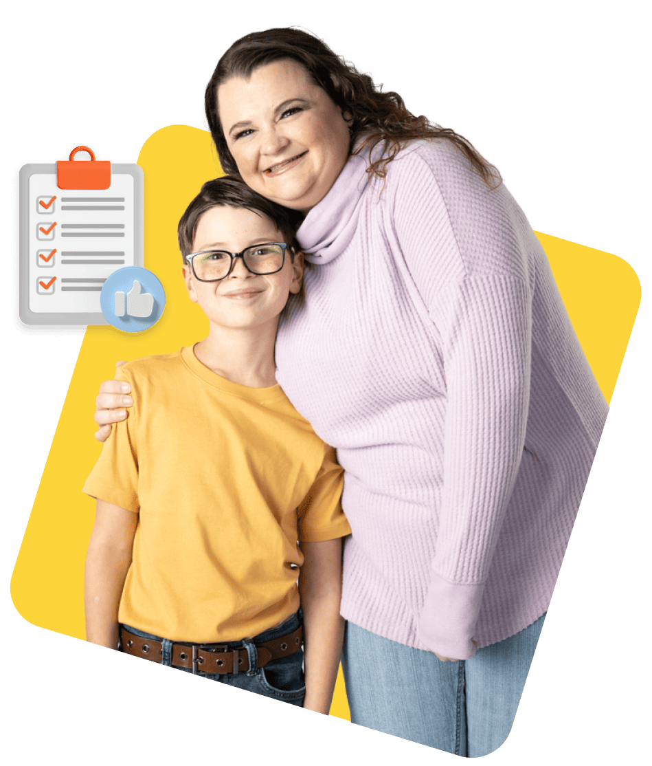 A smiling woman in a lavender sweater hugs a child in a yellow shirt, standing against a yellow backdrop. A checklist and thumbs-up icons are beside them, conveying positivity and warmth.