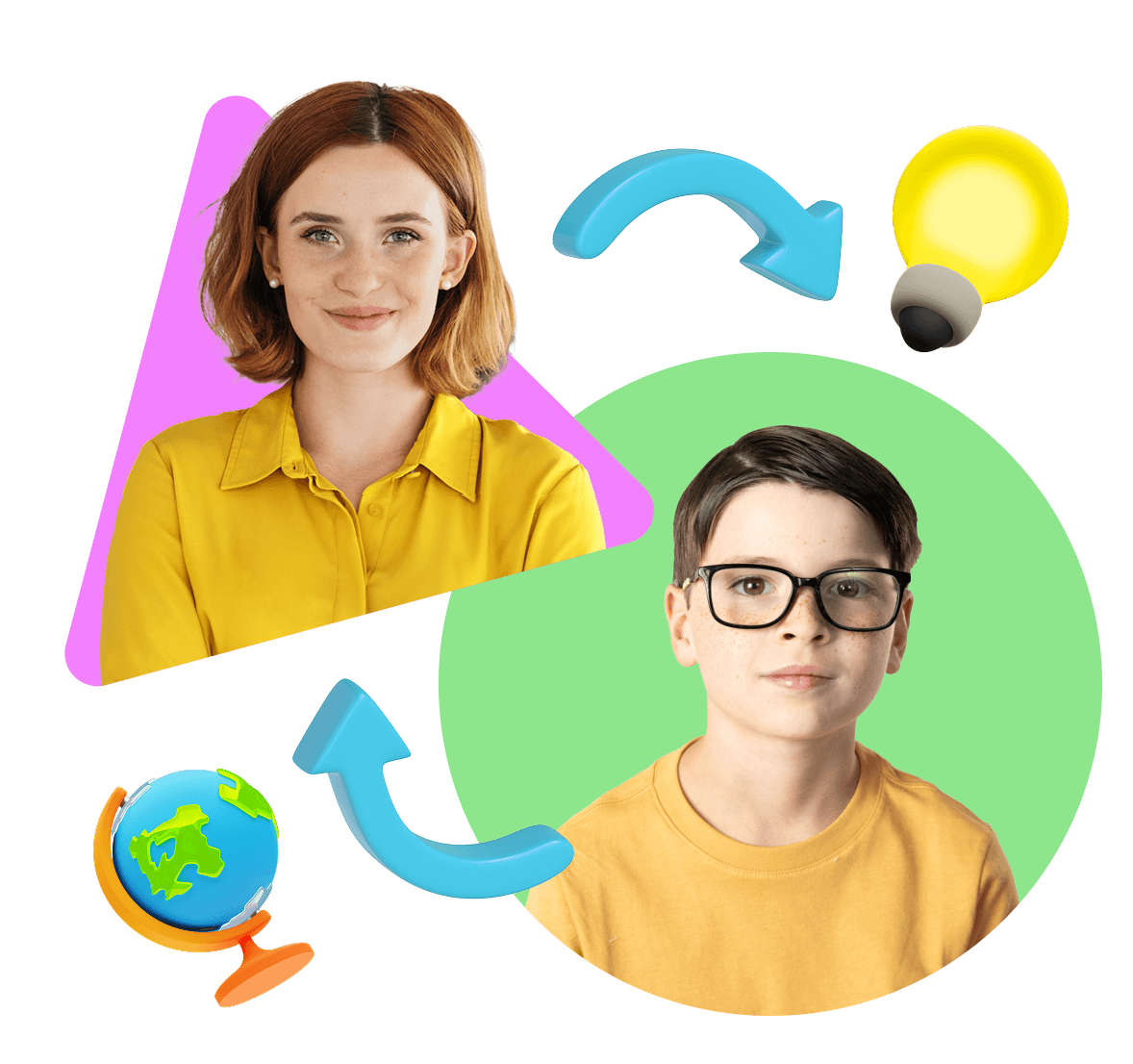 A woman and a boy, both in yellow shirts, are set against colorful backgrounds. Arrows indicate interaction, with a globe and lightbulb symbolizing learning.