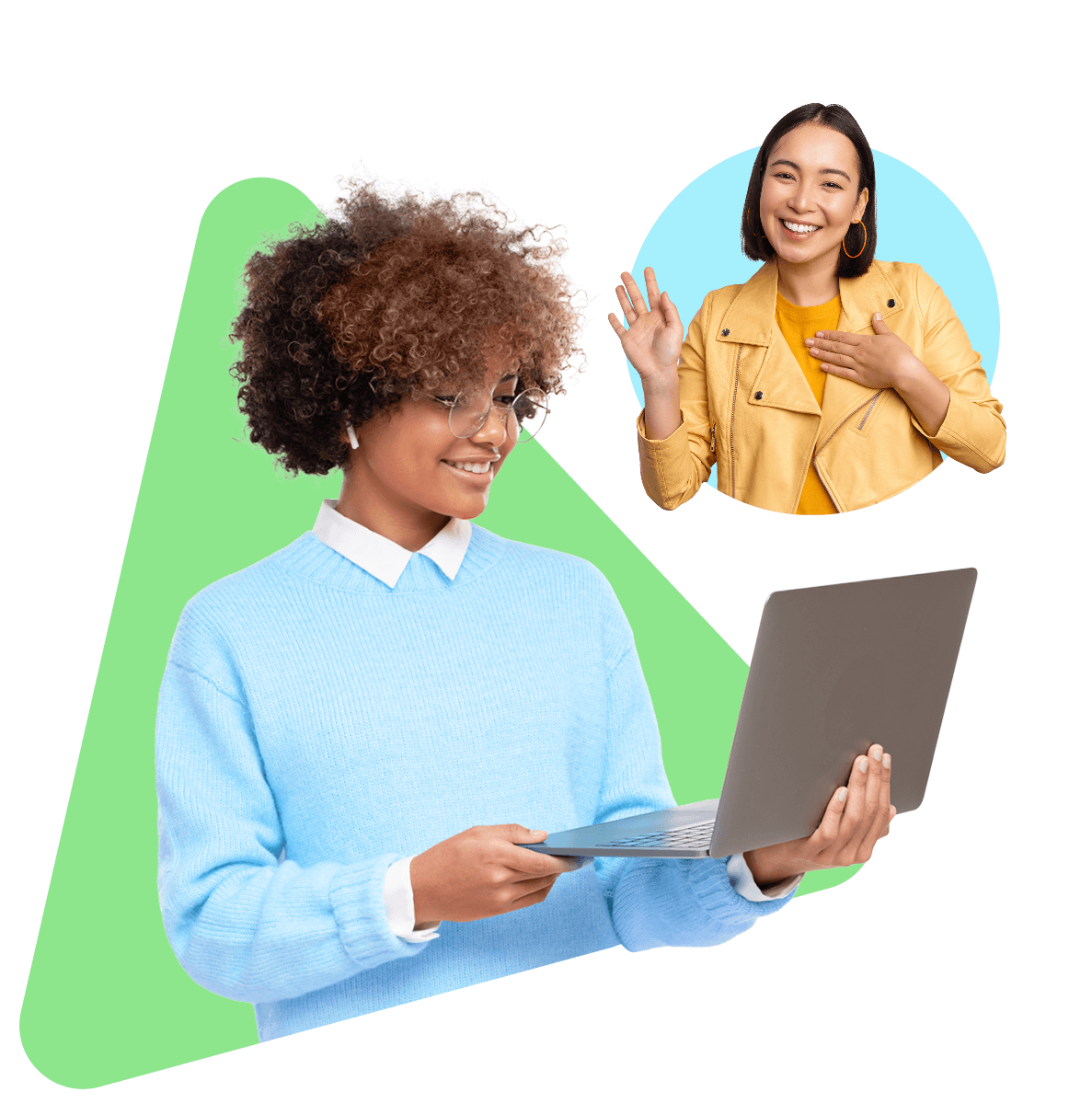Smiling person in a blue sweater holds a laptop, engaging in a video call with another person waving in a yellow jacket. Background is green and white.