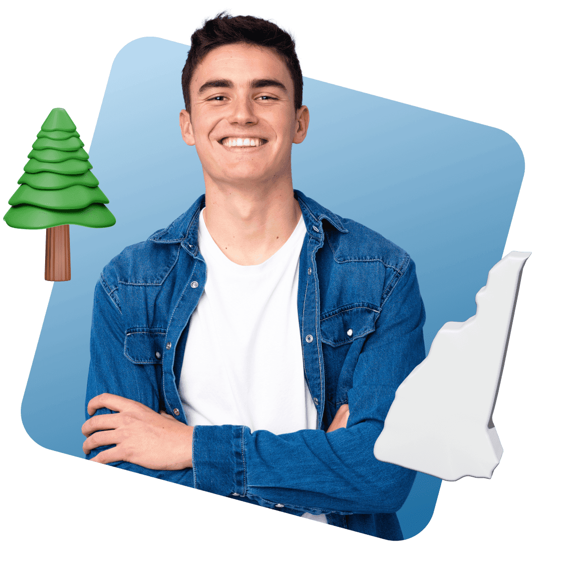 Smiling person in a denim jacket with arms crossed, set against a blue background with a tree icon on the left and a gray shape on the right.