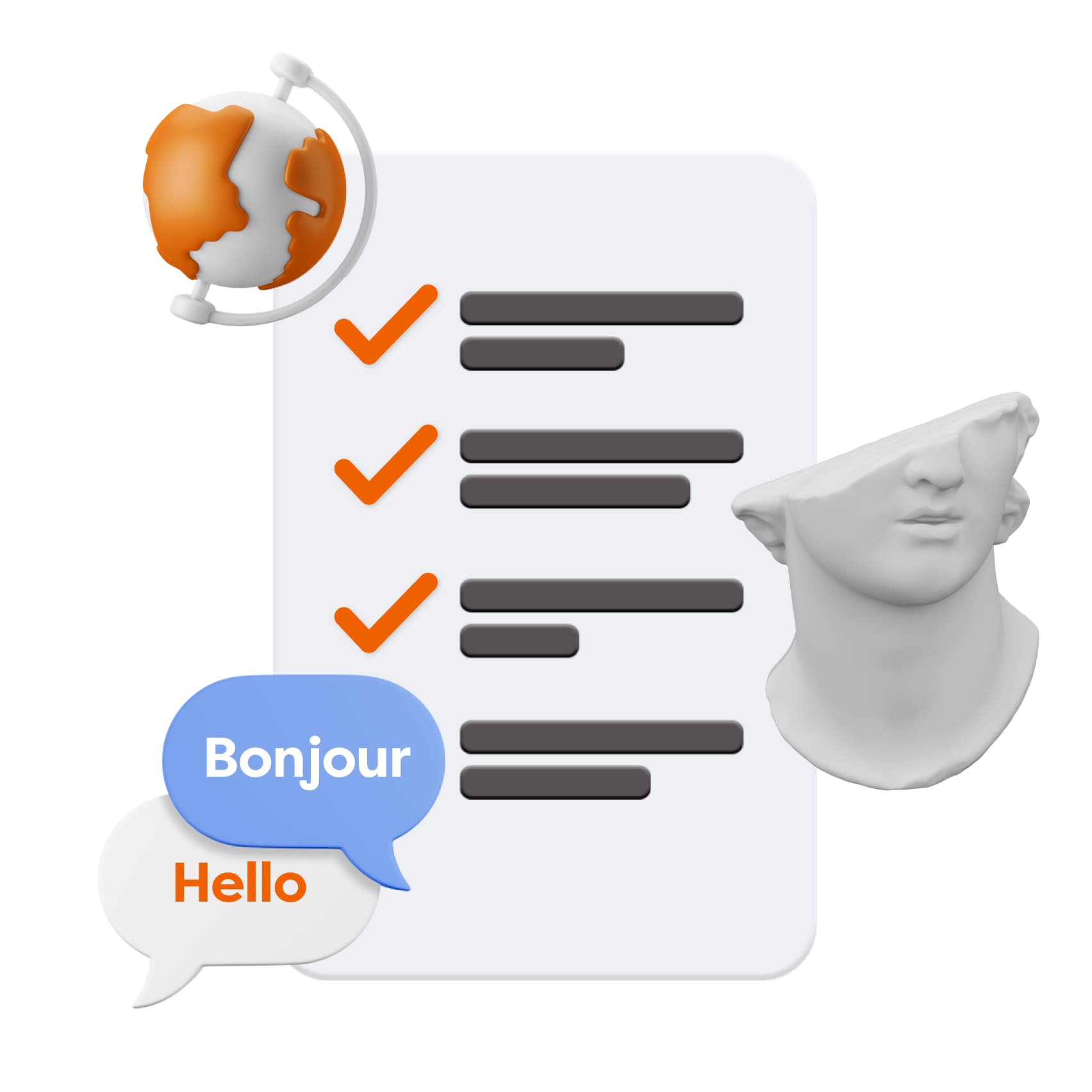 3D list with orange check marks, speech bubbles saying "Bonjour" and "Hello," and a white classical bust. Global communication and art concept.