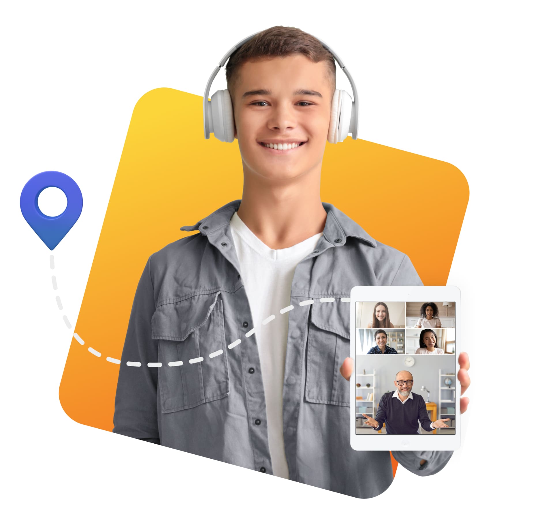 Teen with headphones smiles, holding a tablet showing a video call with four people. A location pin and dotted line add a tech-savvy vibe.