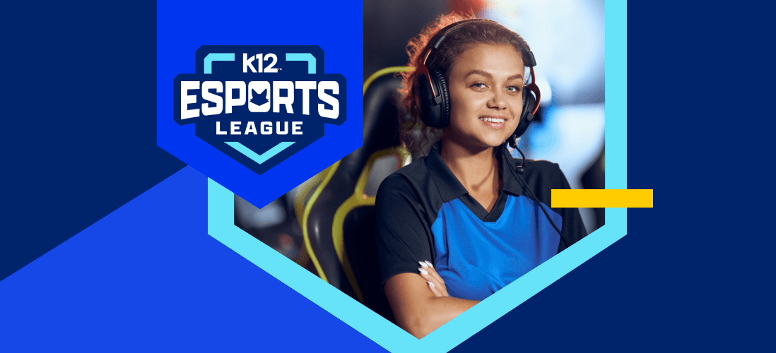 Smiling young woman wearing a gaming headset sits confidently in front of a colorful eSports backdrop. Text reads "K12 eSports League."