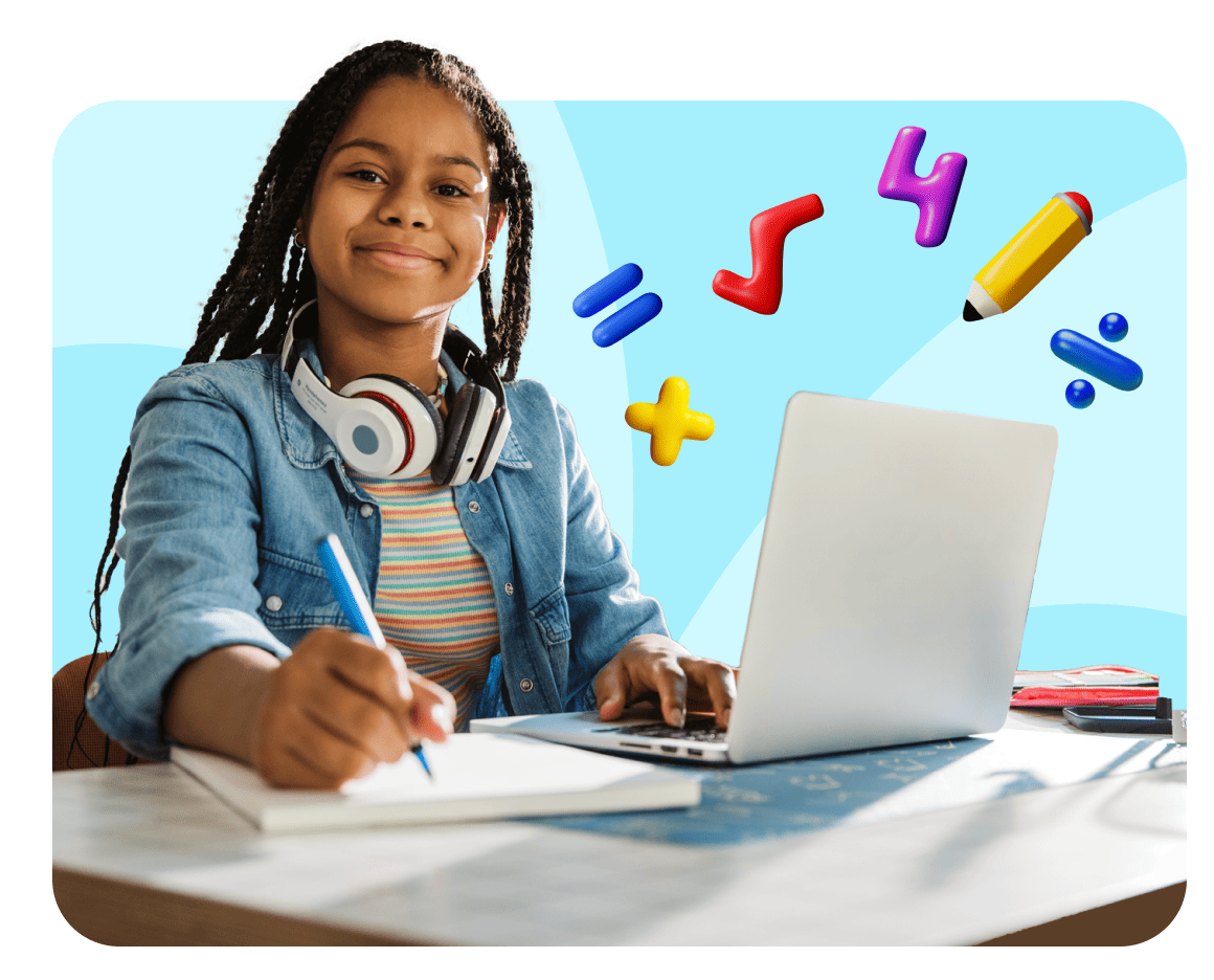 Smiling girl with headphones sits at a table, writing in a notebook and using a laptop. Math symbols are floating above, set against a blue background.