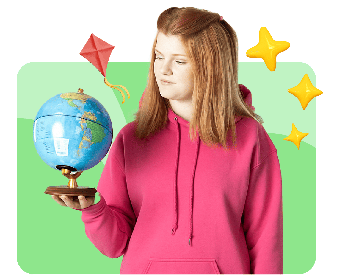 Teen girl in pink hoodie holding a globe, looking contemplative. A red kite and yellow stars decorate the green background, suggesting curiosity.