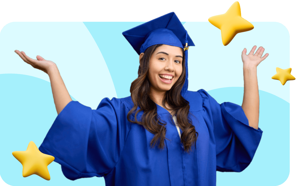 A smiling graduate in a blue cap and gown raises her arms joyfully against a light blue background with floating yellow stars, conveying celebration.