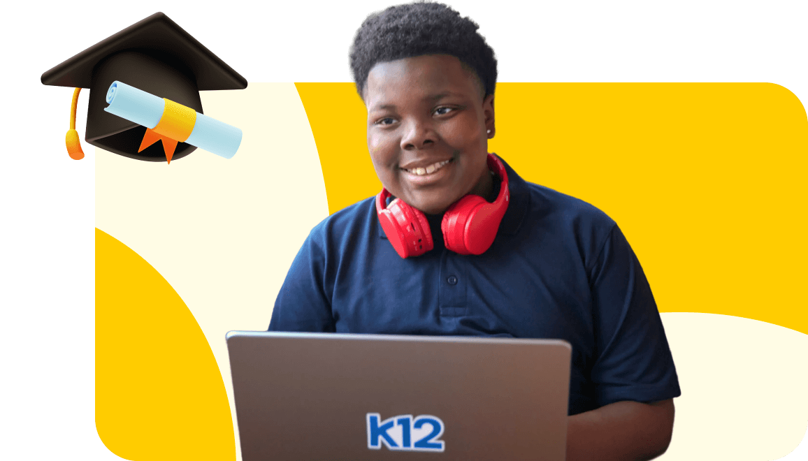 Smiling student with red headphones works on a laptop labeled "k12" against a yellow background. A graduation cap and diploma are in the corner.