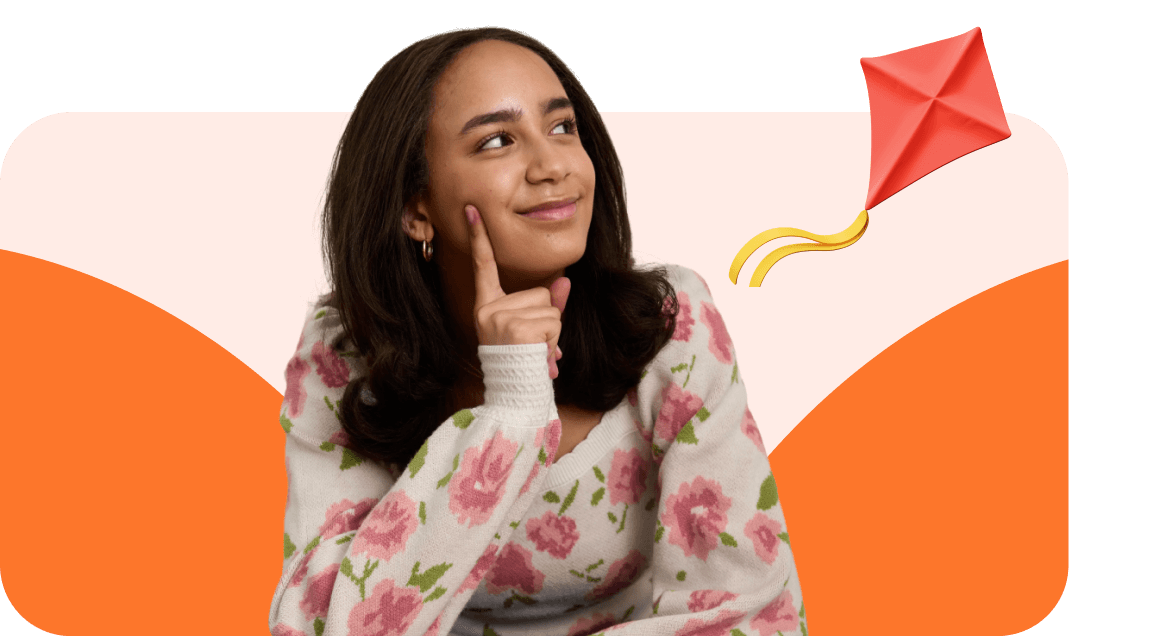 A young woman in a floral sweater looks thoughtfully upward, with her chin resting on her hand. A red kite graphic adds a playful touch.