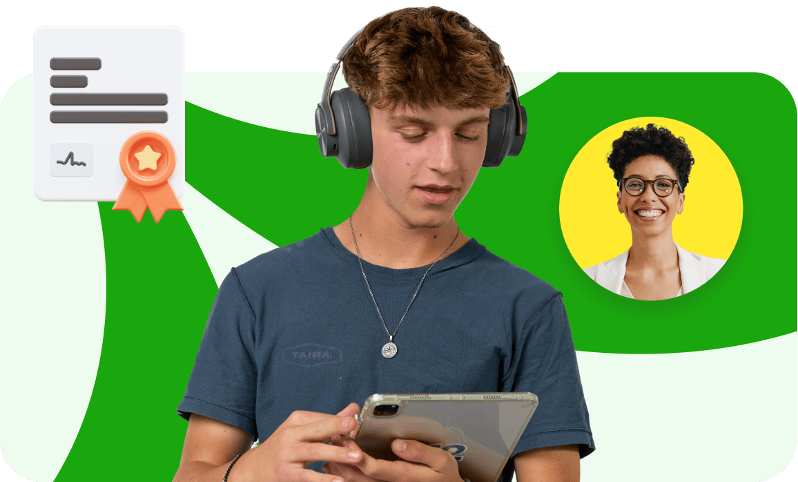 A young person wearing headphones looks at a tablet, set against a green background. Icons of a certificate and a smiling person are in the background.