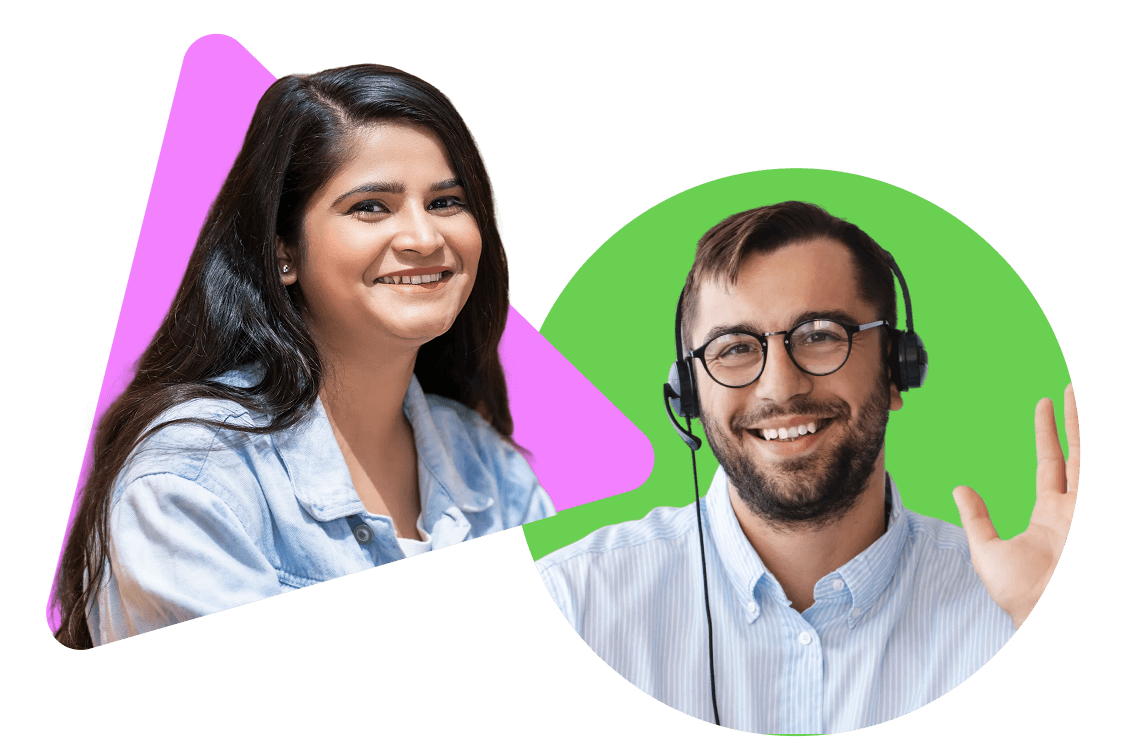 Smiling woman in a pink triangle and man in a green circle with a headset, conveying friendliness and communication on a transparent background.