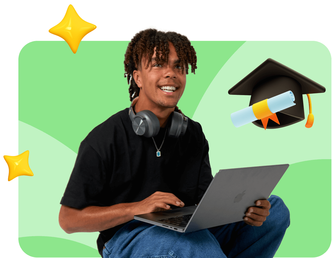 Young person with headphones and laptop smiles on a green background with a graduation cap, diploma, and yellow stars, conveying achievement and joy.