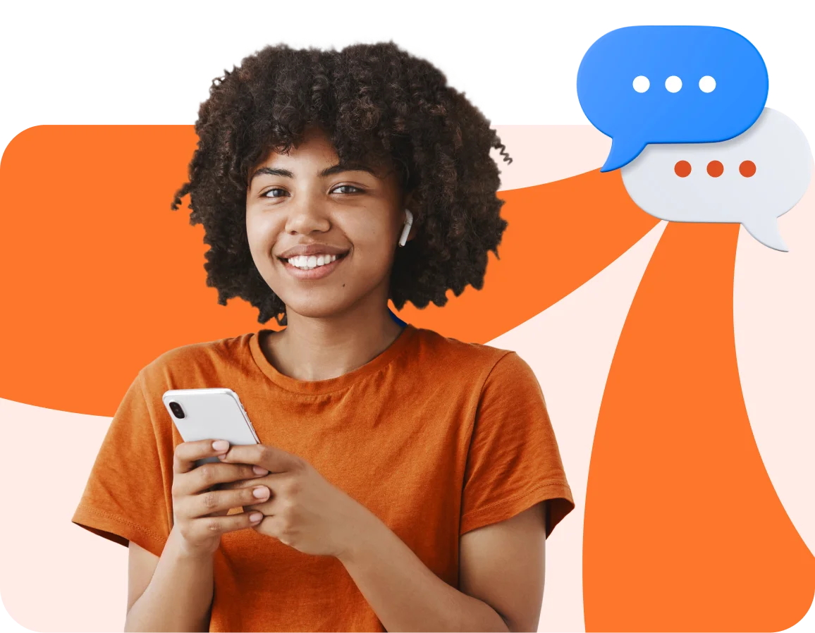 Smiling person with curly hair holds a smartphone, wearing earbuds. Bright orange abstract background with speech bubbles suggests communication.
