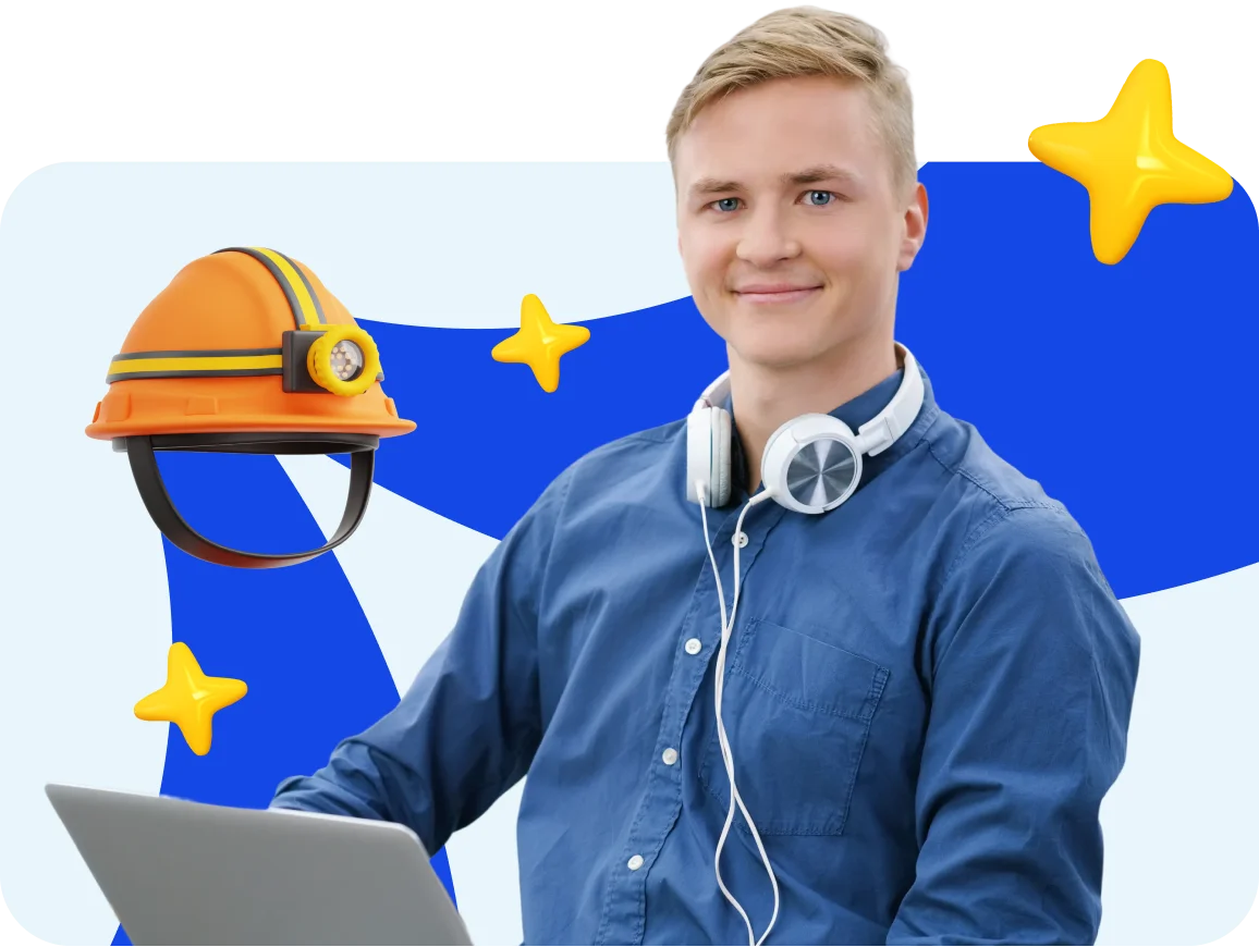Young person in a blue shirt with headphones smiles, holding a laptop. A floating construction helmet and yellow stars appear against a bold blue and black background.