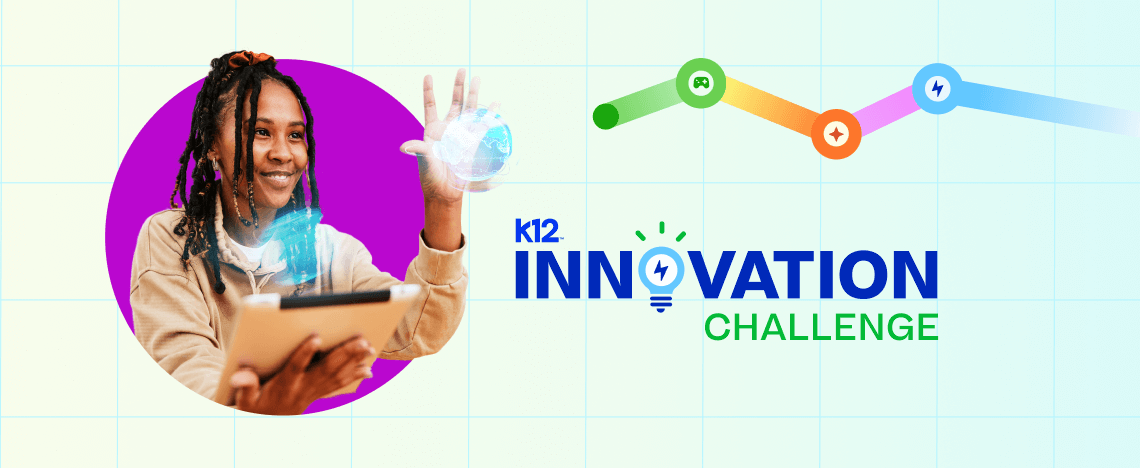 A young person holds a tablet, interacting with a digital globe. Text reads “K12 Innovation Challenge” with dynamic, colorful graph lines in the background.