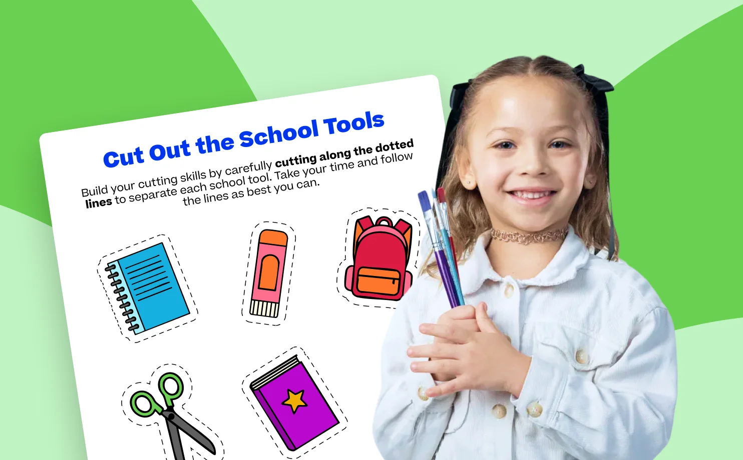 Young girl smiling, holding pencils against a green background. Beside her, a cut-out activity sheet with school tools like a notebook, glue, and scissors.