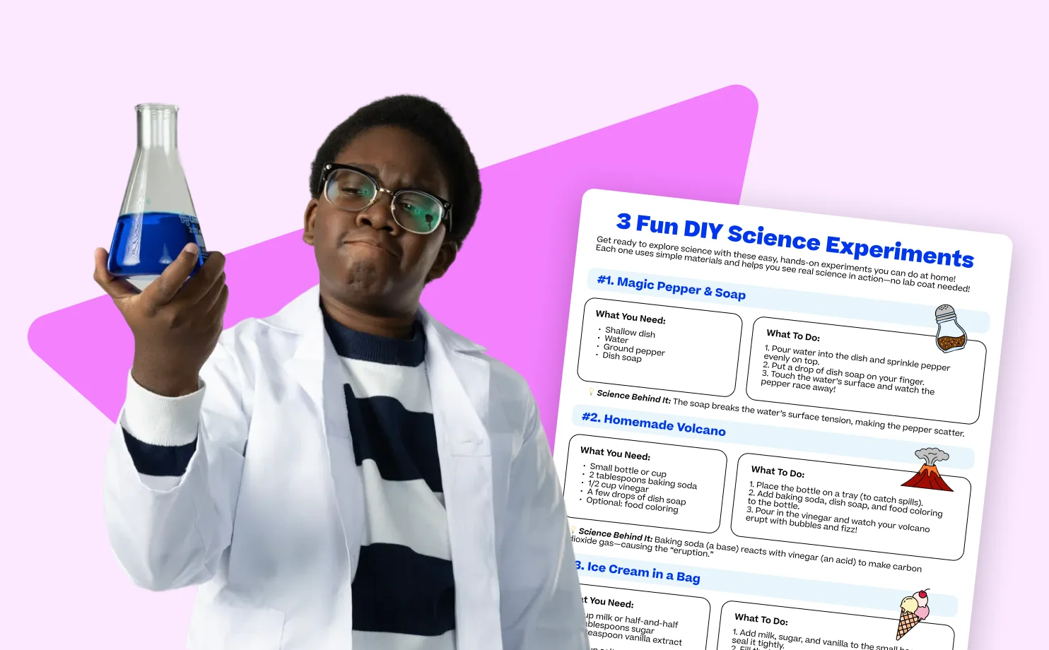 A young scientist in a lab coat holds a beaker with blue liquid, looking determined. Beside them is a colorful sheet titled "3 Fun DIY Science Experiments."