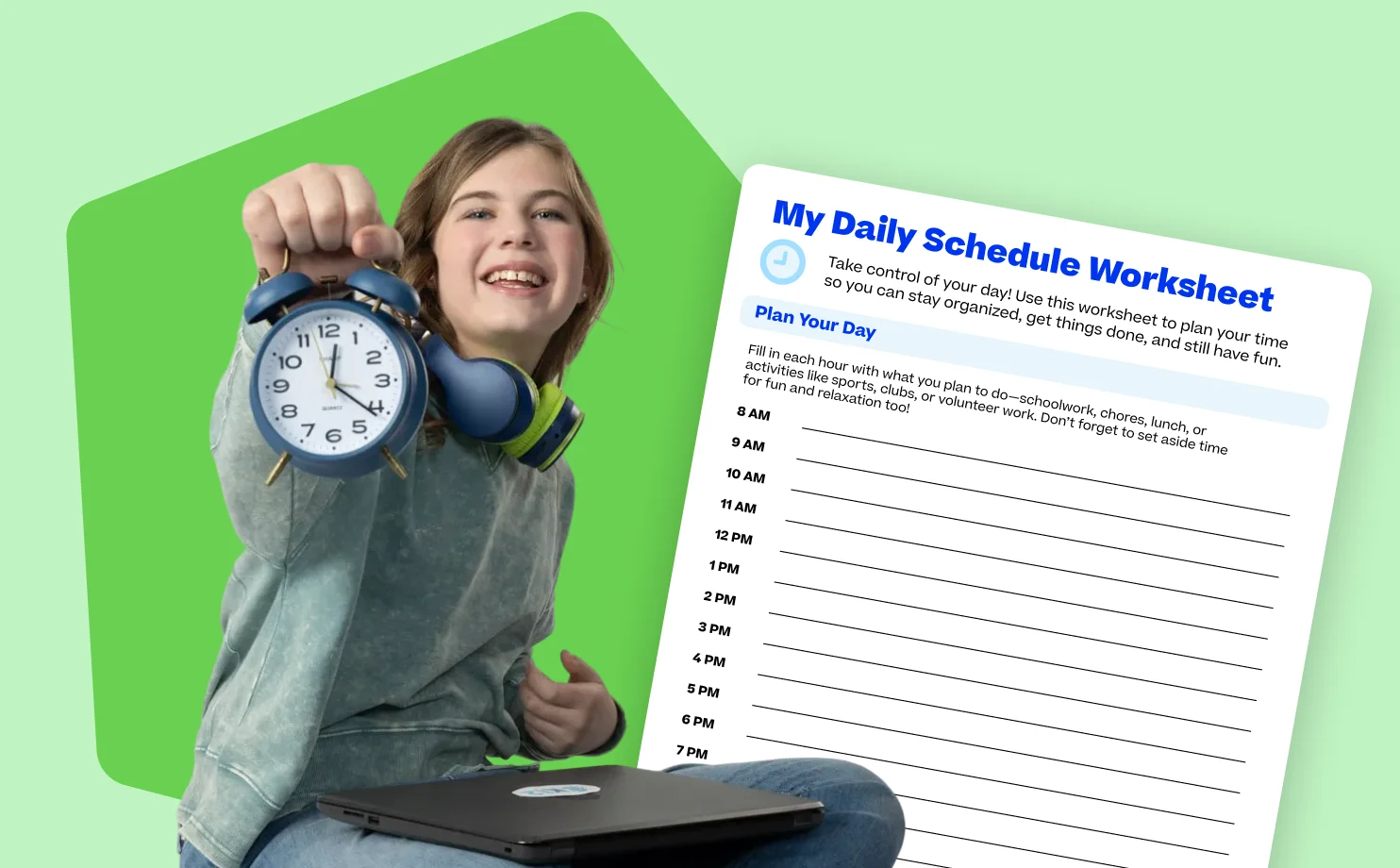 A smiling child with headphones holds a clock, sitting with a laptop. Beside them is a daily schedule worksheet. The mood is energetic and productive.