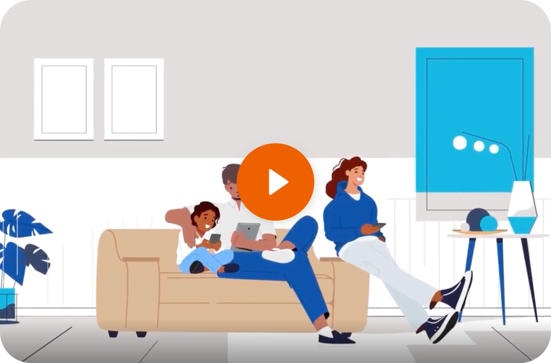 Illustration of a family lounging on a sofa, each using a smart device. The scene conveys a relaxed, modern home environment with a cozy atmosphere.