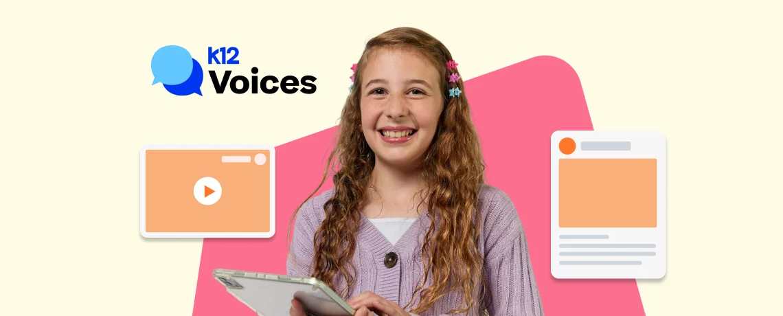 Smiling girl holding a tablet against a beige and pink background. Text reads "K12 Voices" with icons of a video play button and a document.