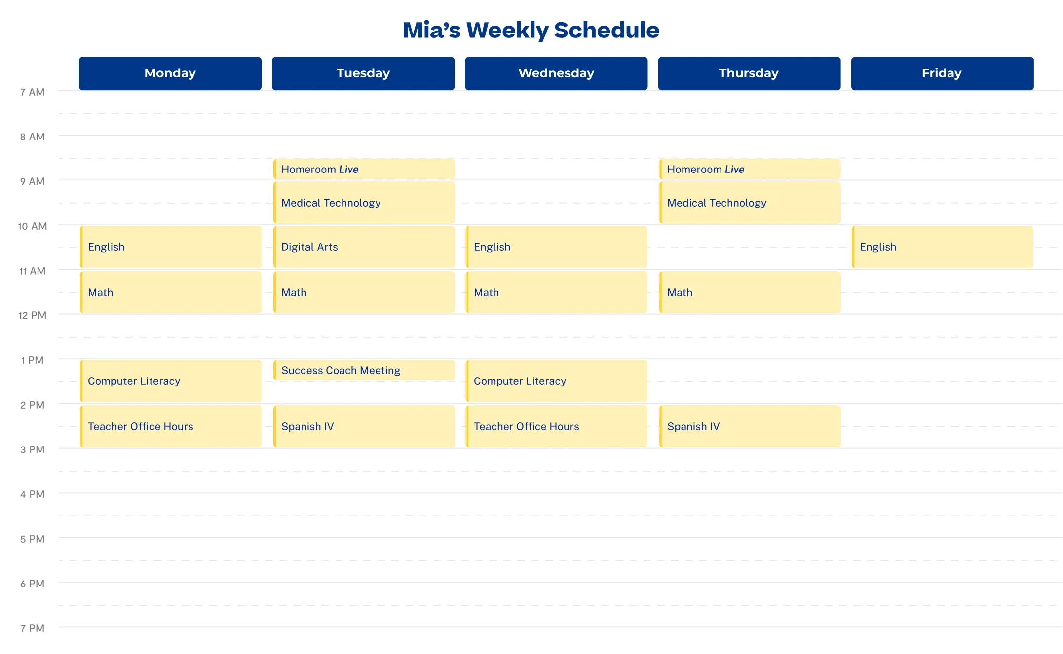 Weekly class schedule titled "Mia’s Weekly Schedule" with subjects like English, Math, and Computer Literacy spread across weekdays from 8 AM to 3 PM.