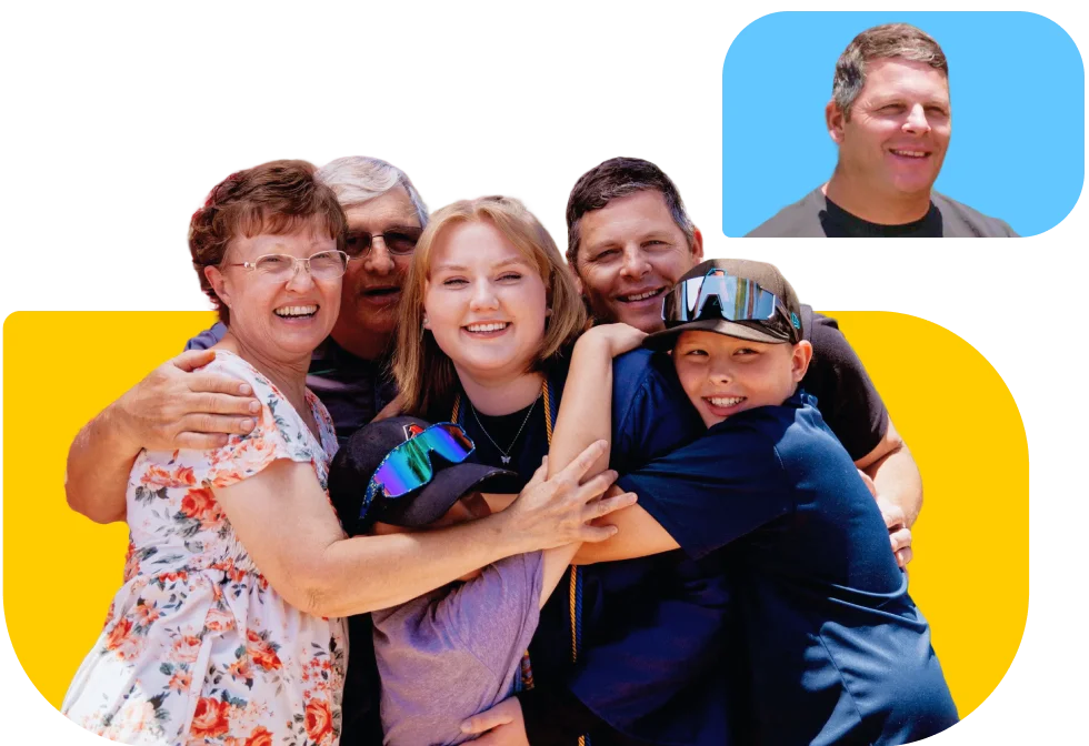 A joyful family group hugs while smiling, set against a black background with yellow and blue shapes. A small inset shows one member smiling.
