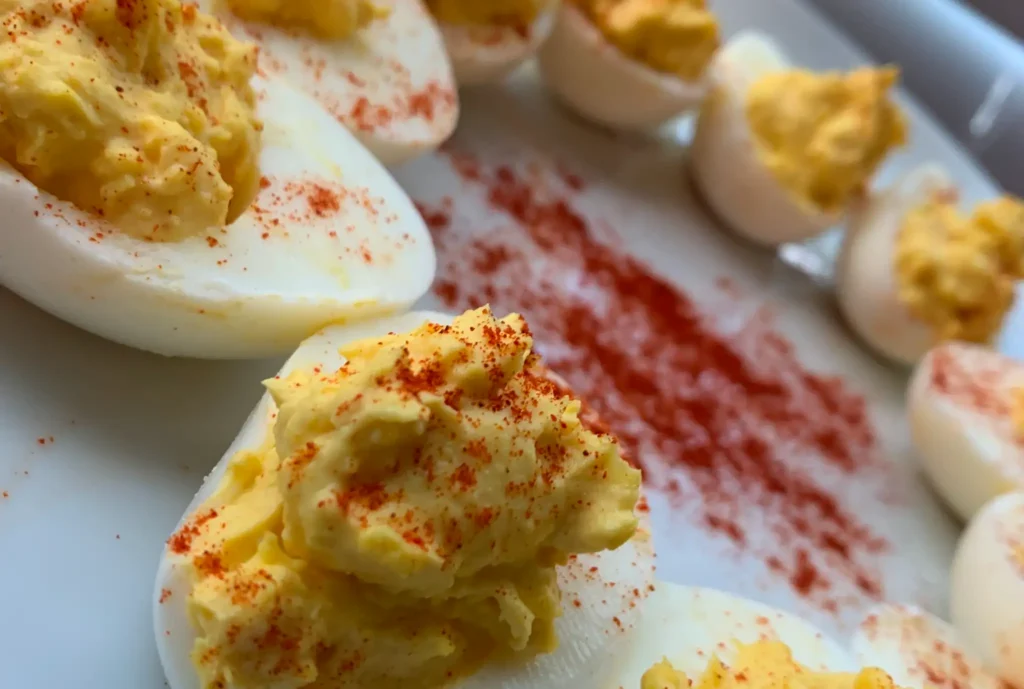 Primer plano de huevos endiablados cubiertos con pimentón en un plato blanco. Los huevos se dividen a la mitad con relleno amarillo cremoso, dispuestos de una manera informal y acogedora.