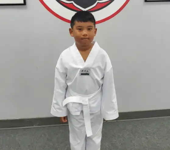 A young boy stands confidently in a martial arts uniform with a white belt. He is indoors, in front of a wall with a red and black martial arts emblem.