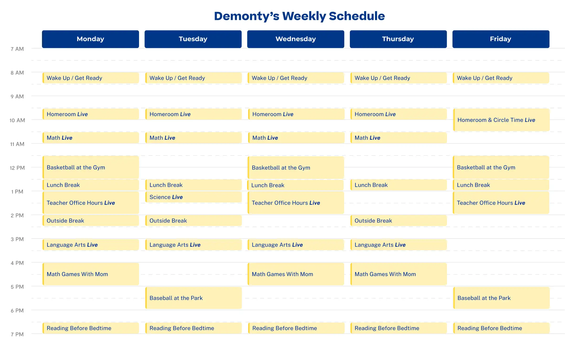 Weekly schedule grid titled "Demonty’s Weekly Schedule" showing activities from Monday to Friday, including classes, break times, and evening routines.
