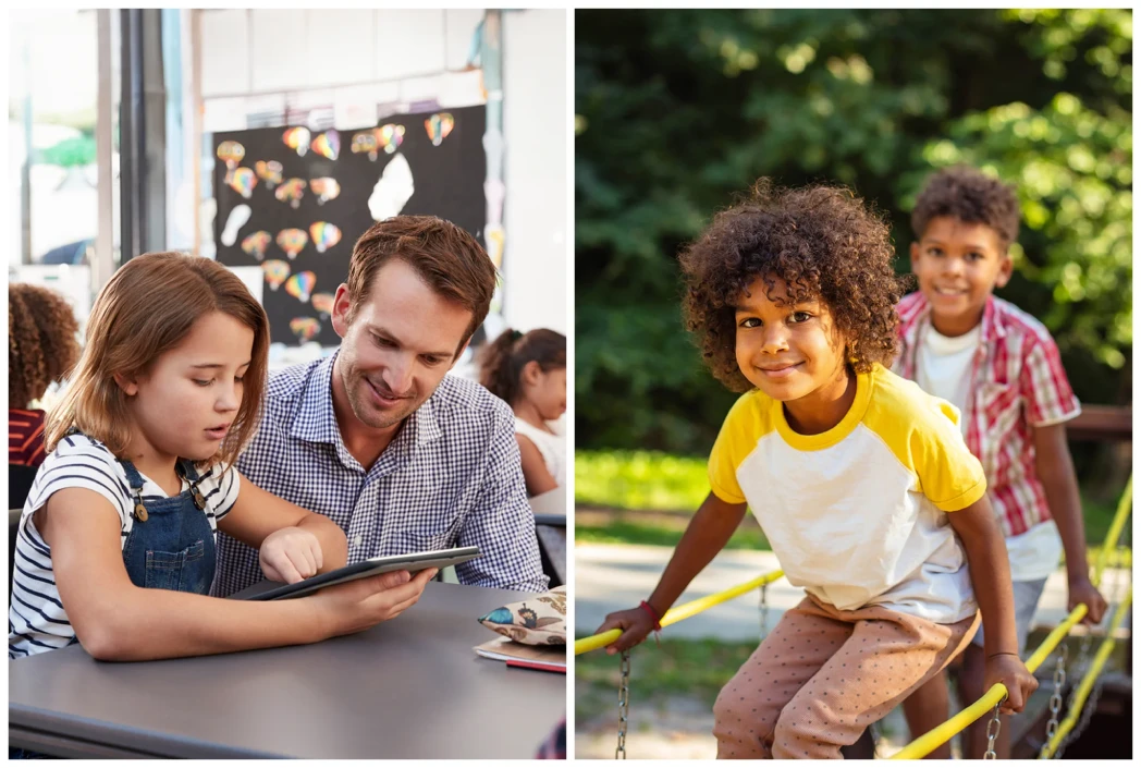 Left: A teacher and a young girl with a tablet in a classroom, decorated with colorful cutouts. Right: Two smiling children play on a rope bridge outdoors.