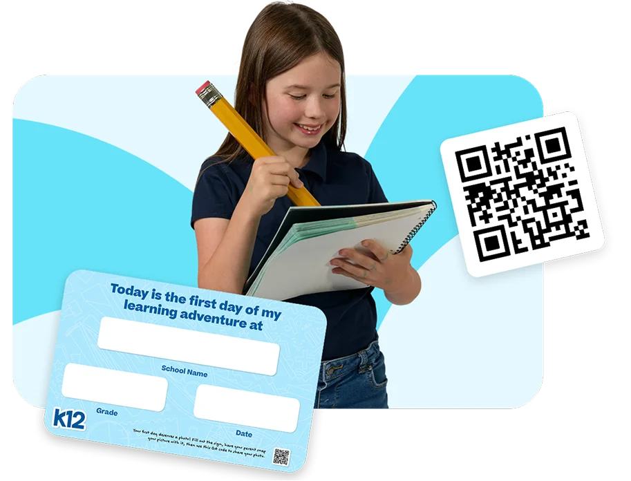 A smiling girl holds a large pencil and notebook against a blue backdrop. A card with school details and a QR code are in the foreground.