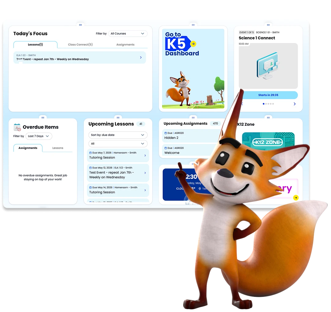 Playful cartoon fox points to an educational dashboard. The interface shows a focus on lessons, with sections for overdue items, upcoming lessons, and assignments.