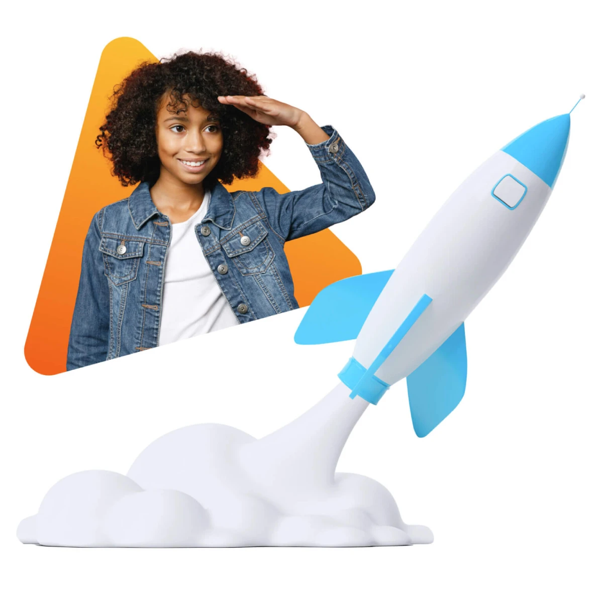 A smiling child in a denim jacket salutes against an orange triangle backdrop, alongside a white and blue rocket launching from fluffy clouds. Emotive and adventurous tone.
