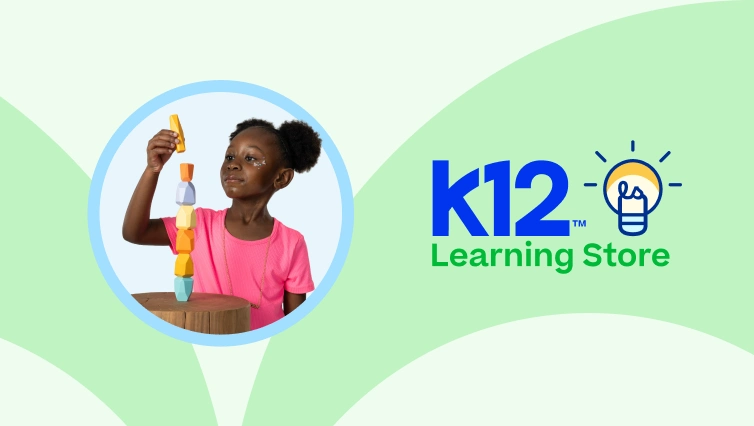A young girl stacks colorful wooden blocks, next to the K12 Learning Store logo and a lightbulb icon on a green background.