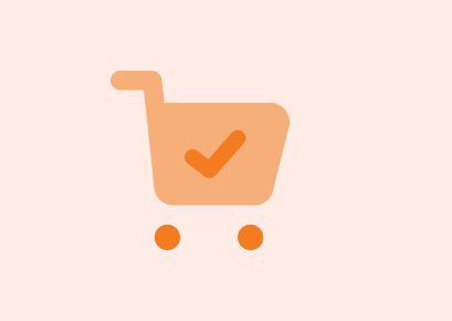 A simple orange shopping cart icon with a checkmark inside, set against a light peach background. The design suggests completion or approval.