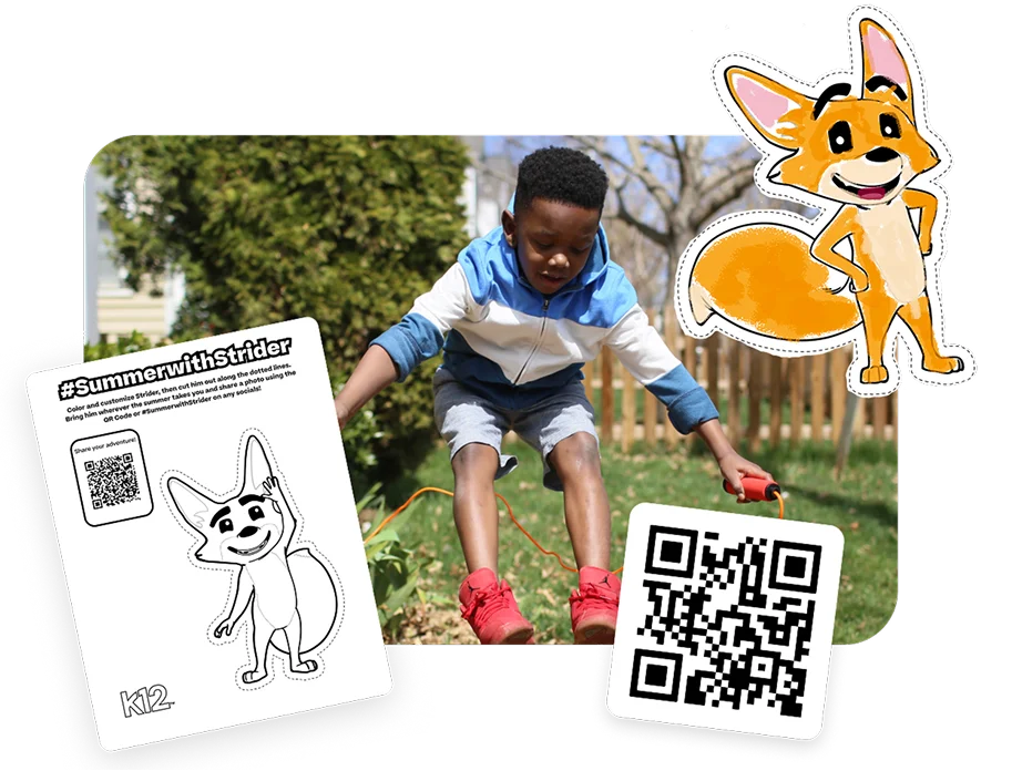 A young boy jumps rope outdoors, surrounded by greenery and a wooden fence. Nearby, a cartoon fox character and a coloring page with "#SummerwithStrider" appear. A QR code is visible, creating a playful and active summer vibe.