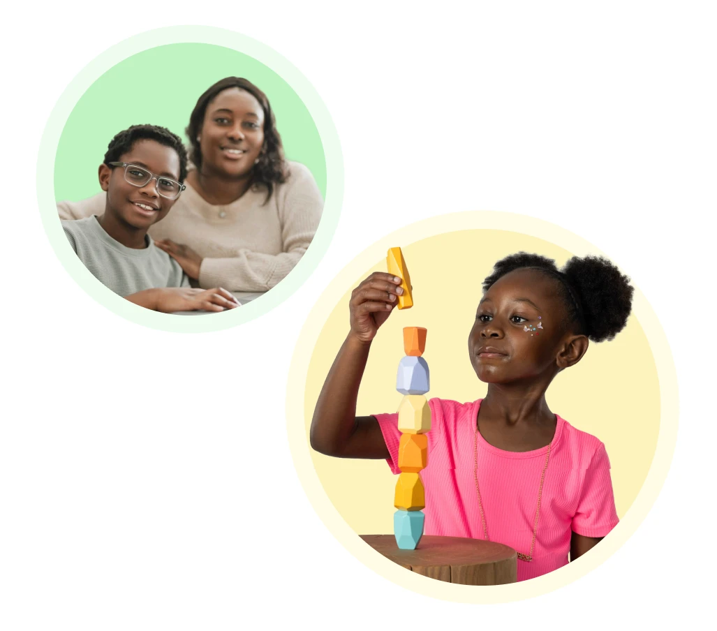 A child in a pink shirt concentrates while stacking colorful blocks on a table. Inset shows a smiling parent and child duo with a green background.