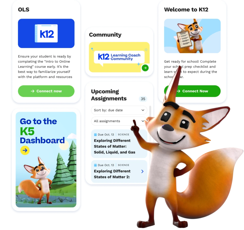 Cartoon fox mascot against a background of K12 educational app screens. Features course info, community access, and assignment listing.