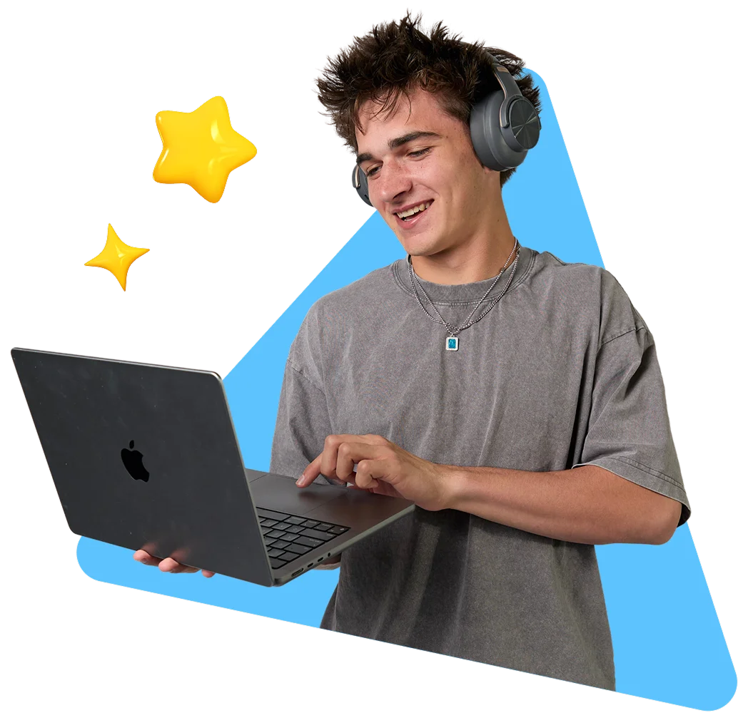 A young person smiles while using a laptop, wearing headphones and a gray T-shirt. A blue triangle and yellow stars add a playful touch.