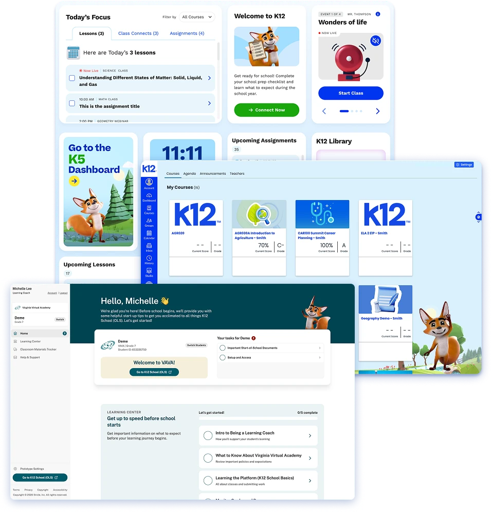 Collage of educational dashboard images featuring a fox mascot, course listings, assignments, and a welcoming message for virtual school users.